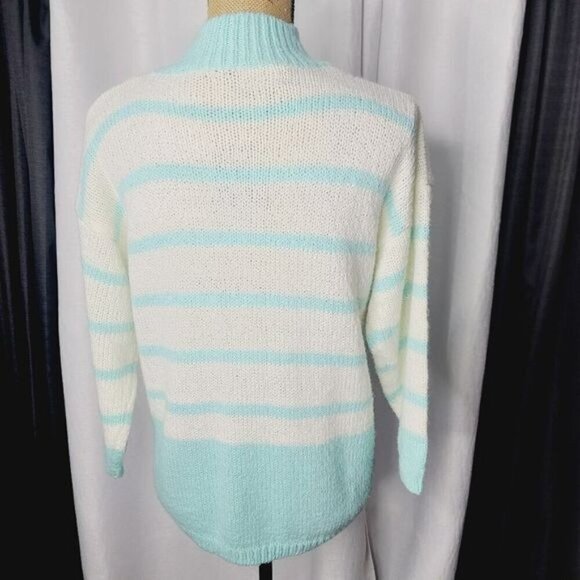 Vintage 80s Pastel Blue White Striped Chunky Cozy Mock Neck Sweater - Picture 3 of 12